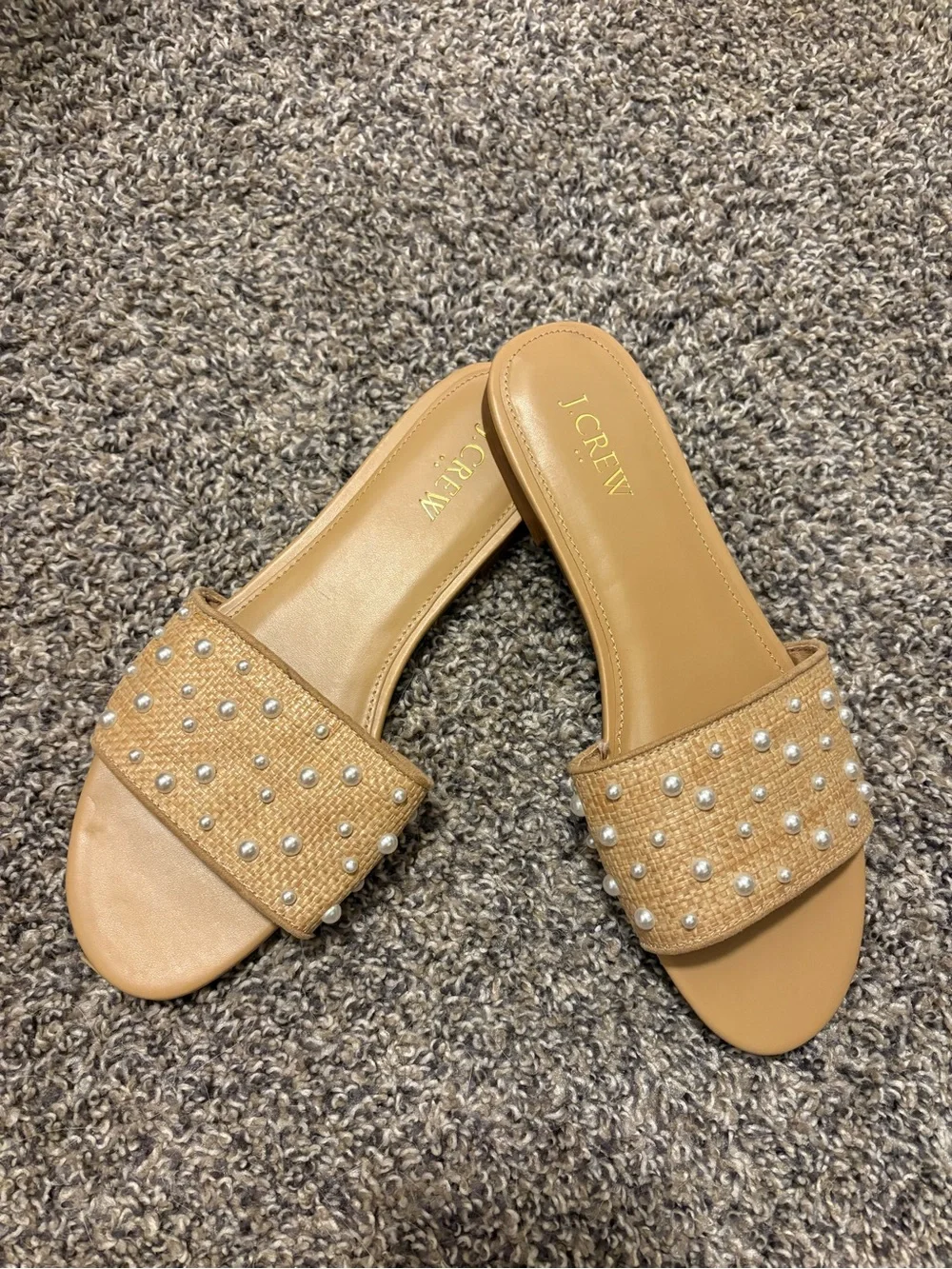J. Crew Tan Pearl-Studded Woven Slide Mules